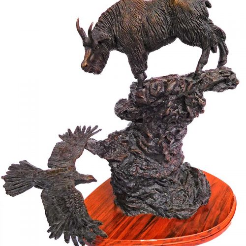 Ben France High in the Beartooths bronze sculpture of a goat and eagles available at Sculpture Collector
