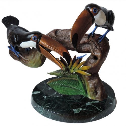 Bill Hunt Bronze Sculpture - Birds of Paradise - colorful toucan birds, smaller bird of paradise flower, 2 small frogs at Sculpture Collector