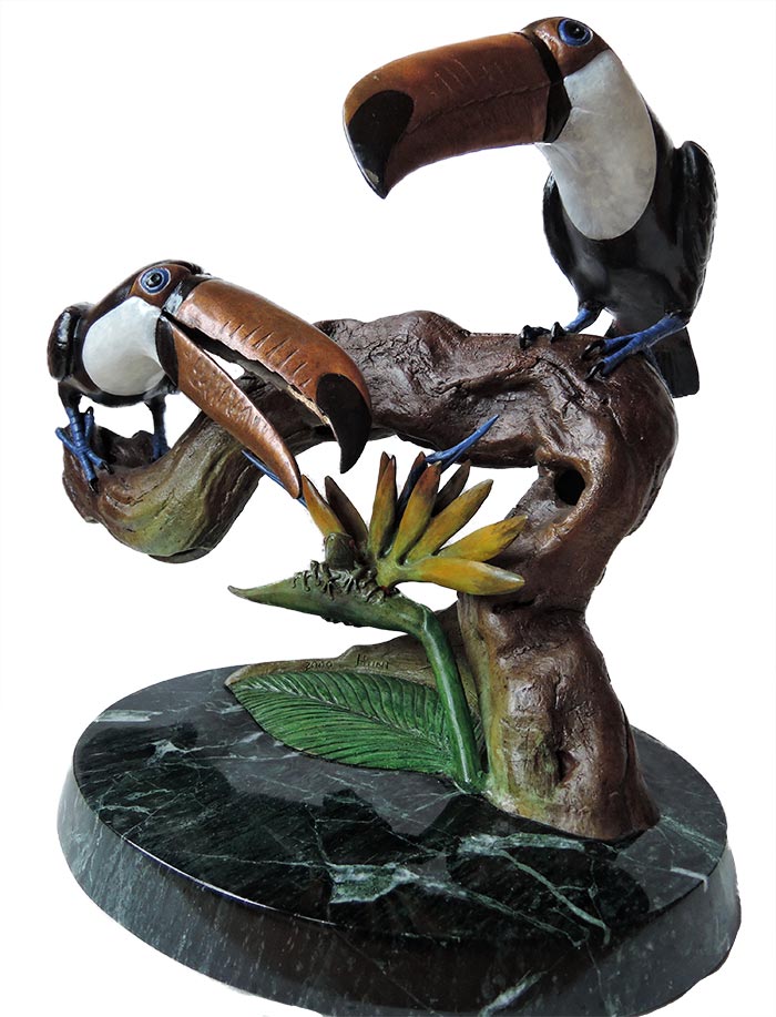 billhunt-bird-paradise Bill Hunt Bronze Sculpture - Birds of Paradise - colorful toucan birds, smaller bird of paradise flower, 2 small frogs at Sculpture Collector