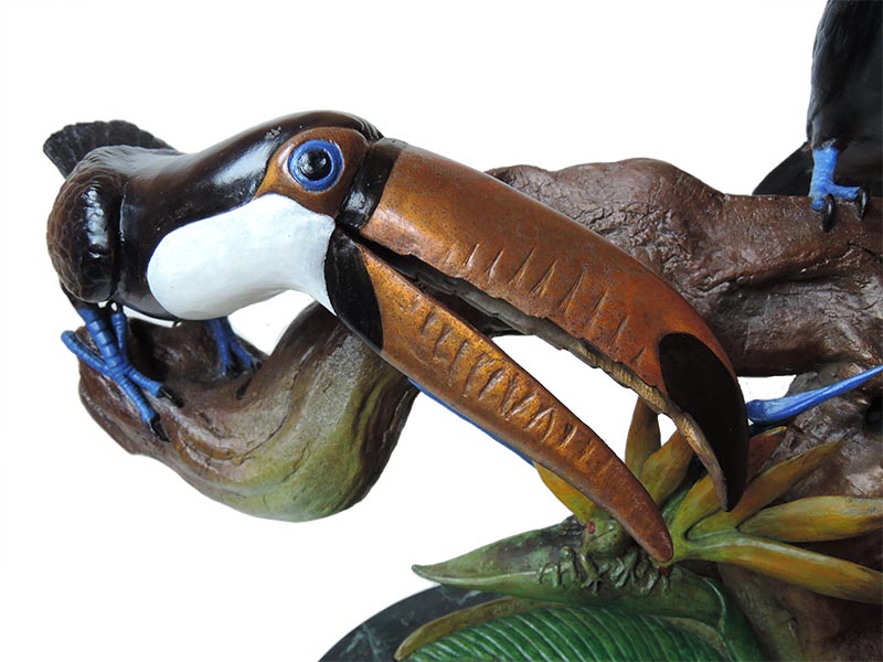 billhunt-bird-paradise Bill Hunt Bronze Sculpture - Birds of Paradise - colorful toucan birds, smaller bird of paradise flower, 2 small frogs at Sculpture Collector