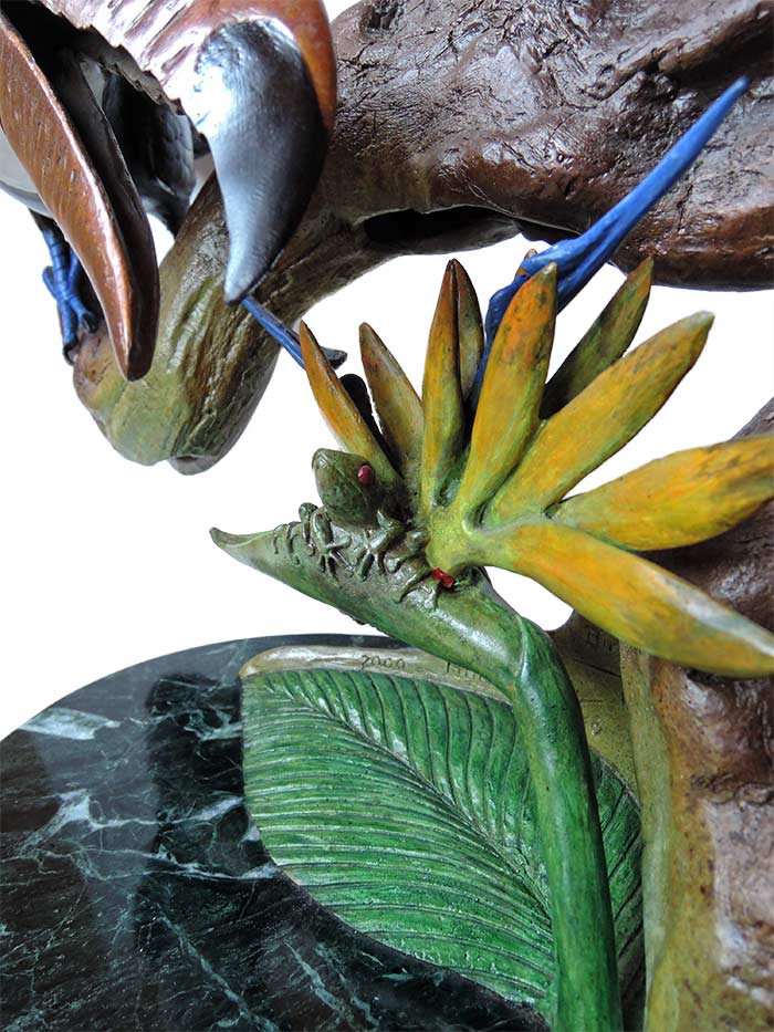 billhunt-bird-paradise4-7 Bill Hunt Bronze Sculpture - Birds of Paradise - colorful toucan birds, smaller bird of paradise flower, 2 small frogs at Sculpture Collector