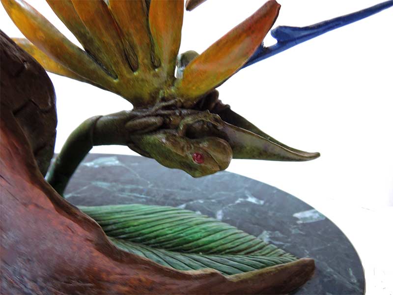 billhunt-bird-paradise Bill Hunt Bronze Sculpture - Birds of Paradise - colorful toucan birds, smaller bird of paradise flower, 2 small frogs at Sculpture Collector