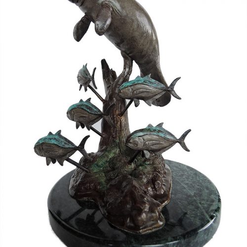 Bill Hunt Bronze Sculpture - Southern Siren - of a Manatee swimming with 5 Jack Crevalle fish now available at Sculpture Collector