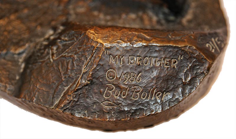 bud-boller-my-brother-signature Bud Boller My Brother a bronze sculpture depicting the struggle of life available now for acquisition at Sculpture Collector