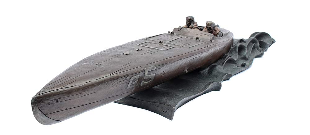 jeff-decker-baby-bootlegger Jeff Decker Bronze Sculpture The Baby Bootlegger a 1924 World Cup race boat for sale now at Sculpture Collector
