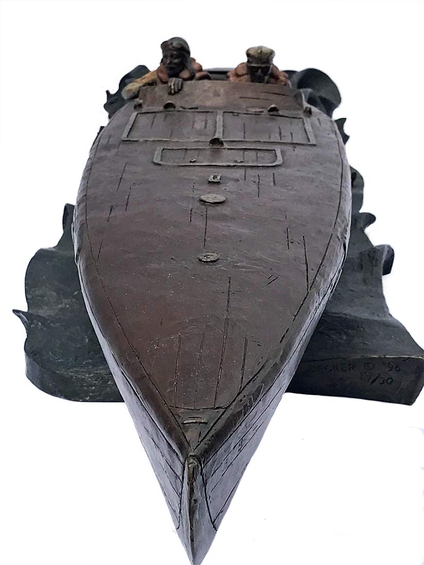 jeff-decker-baby-bootlegger Jeff Decker Bronze Sculpture The Baby Bootlegger a 1924 World Cup race boat for sale now at Sculpture Collector
