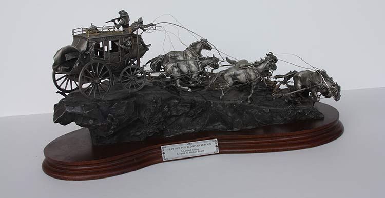Michael Boyett Flat Out for Red River Station Michael Boyett 'Flat Out for Red River Station' a realistic old west pewter casting sculpture available for sale at Sculpture Collector