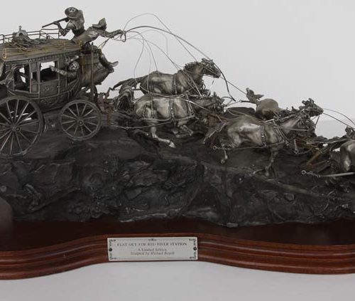 Michael Boyett 'Flat Out for Red River Station' a realistic old west pewter casting sculpture available for sale at Sculpture Collector