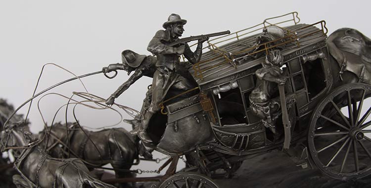 Michael Boyett Flat Out for Red River Station Michael Boyett 'Flat Out for Red River Station' a realistic old west pewter casting sculpture available for sale at Sculpture Collector