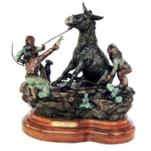'Chinle Jump Start' A Famous Limited edition bronze Native American and burro sculpture by Susan Kliewer available now from Sculpture Collector