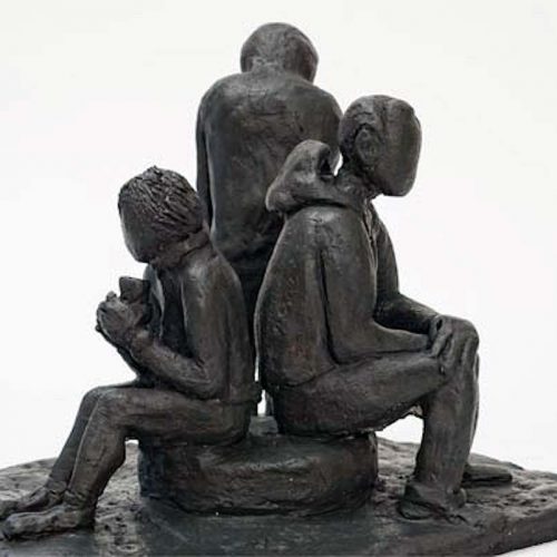 Men in the park a unique fired clay sculpture by Ellen Coffey