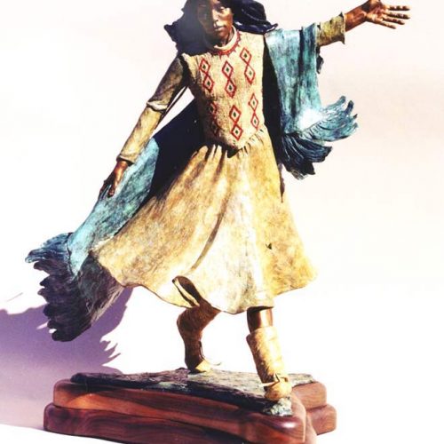 Blanket Dance a colorful Native American bronze sculpture by Marie Barbera