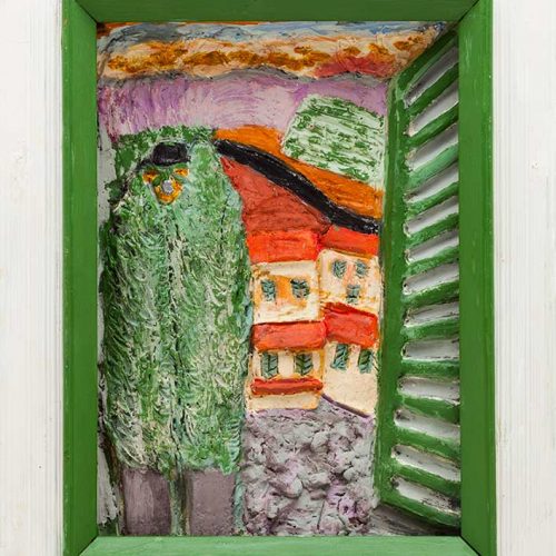 Looking Out-Looking In a Bas Relief Wall Hanging Fired Clay with underglaze by Ellen Coffey