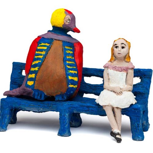 Visitation Fired Clay underglaze and acrylic by Ellen Coffey