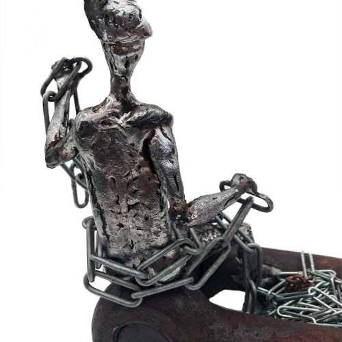 Protected Man a unique welded steel sculpture by Knut Kvannli