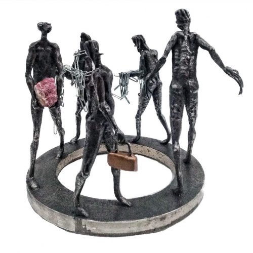 Financial Wizards a unique welded steel sculpture by Knut Kvannli