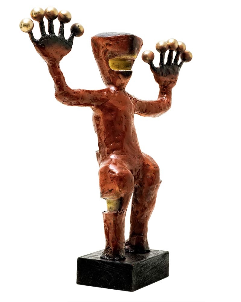 Exoplanets is now. Exoplanets is humanity - primitive, scientifically relatively ignorant - facing the discoveries of the cosmos with utter puzzlement.
Exoplanets maquette-sized sculpture in red-brown patina by Nikolas Exoplanets maquette-sized sculpture in red-brown patina by Nikolas