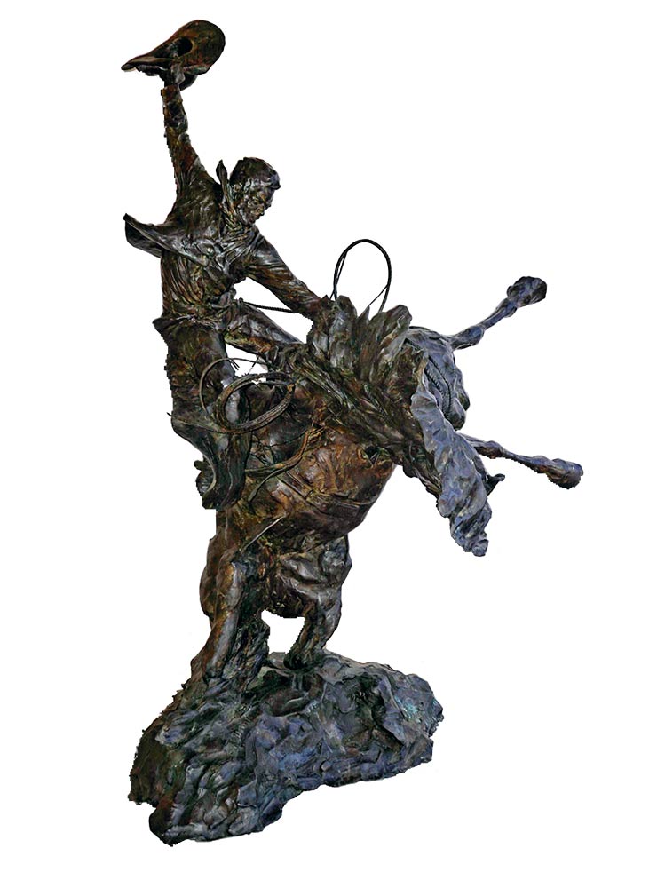T.D. Kelsey life-size bronze sculpture Touch the Clouds a rare rodeo sculptrure available now from SculptureCollector.com where famous sculpture is bought and sold in complete confidence and security T.D. Kelsey life-size bronze sculpture Touch the Clouds
