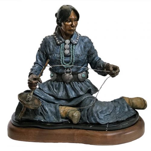 Lily the Basket Weaver a limited edition bronze Native American sculpture showcasing the weaving of a woman by Marie Barbera