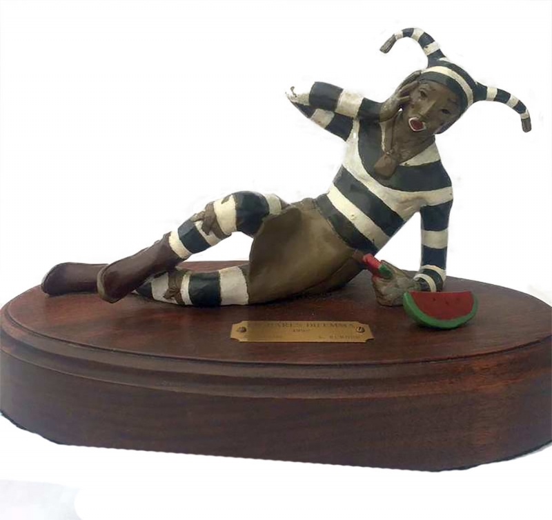Lois Montoya Rumohr Bronze Sculpture 'Koshare's Dilemma' for sale at Sculpture Collector where great sculpture is bought and sold Lois Montoya Rumohr Bronze Sculpture 'Koshare's Dilemma' for sale at Sculpture Collector