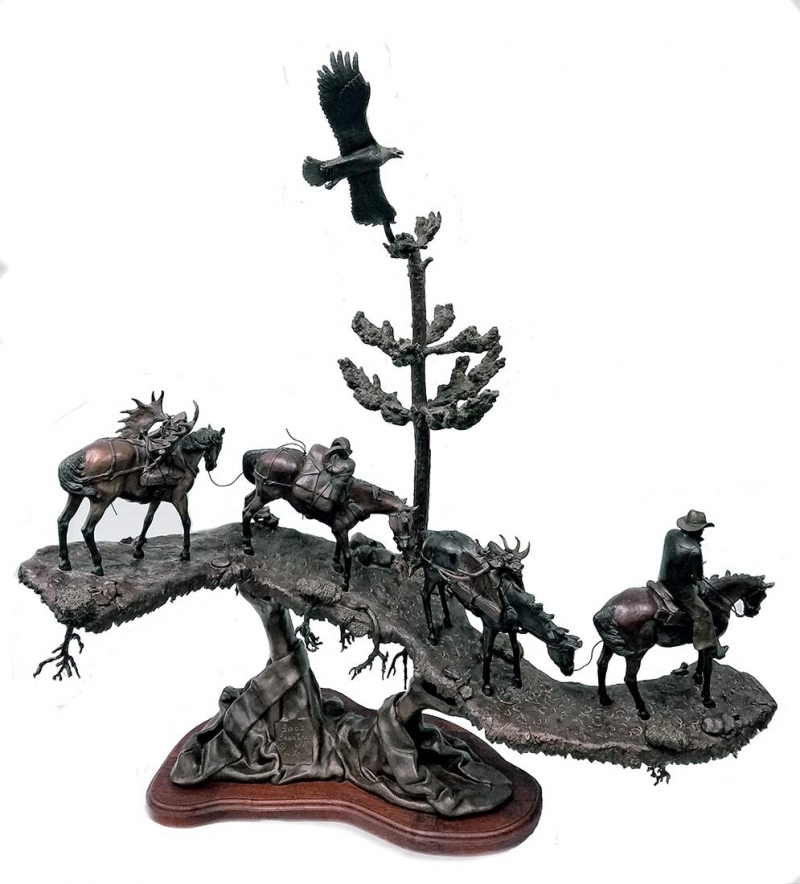 A highly realistic limited edition bronze sculpture of the western heritage of the United States titled God's Country by the accomplished artist Vic Lemmon cast in the lost wax tradition art 55" in width and 58" in height. God's Country a bronze sculpture by Vic Lemmon