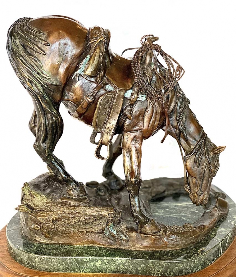 'Refreshing Pause' a bronze limited edition horse sculpture by Bob Parks. A wonderfully detailed bronze western horse sculpture available now on SculptureCollector.com where nice sculpture is bought and sold 'Refreshing Pause' a bronze limited edition horse sculpture by Bob Parks