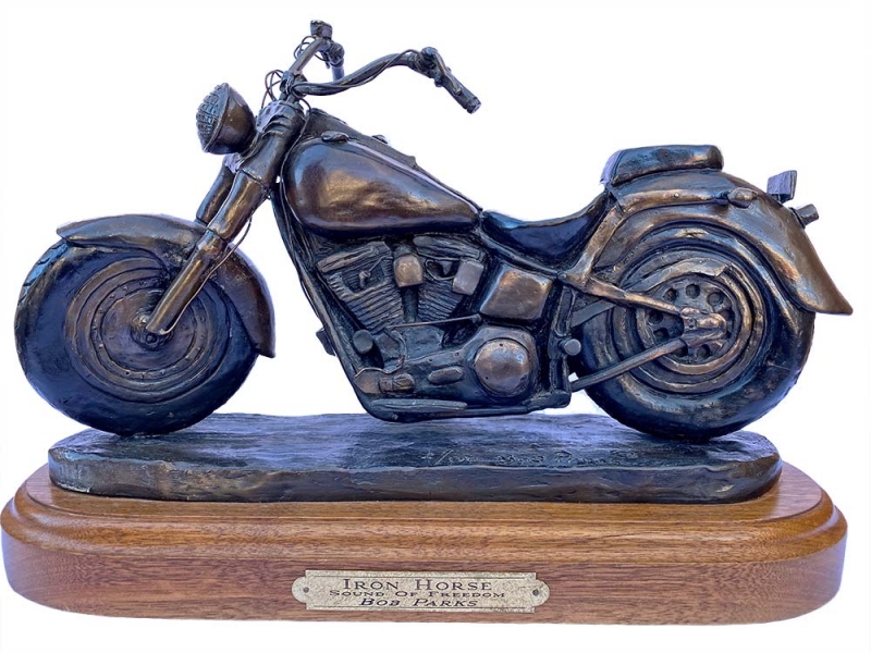 Harley Davidson motorcycle bronze sculpture Iron Horse by Bob Parks for sale on SculptureCollector.com where famous sculpture is bought and sold globally in a secure manner Harley Davidson motorcycle bronze sculpture Iron Horse by Bob Parks